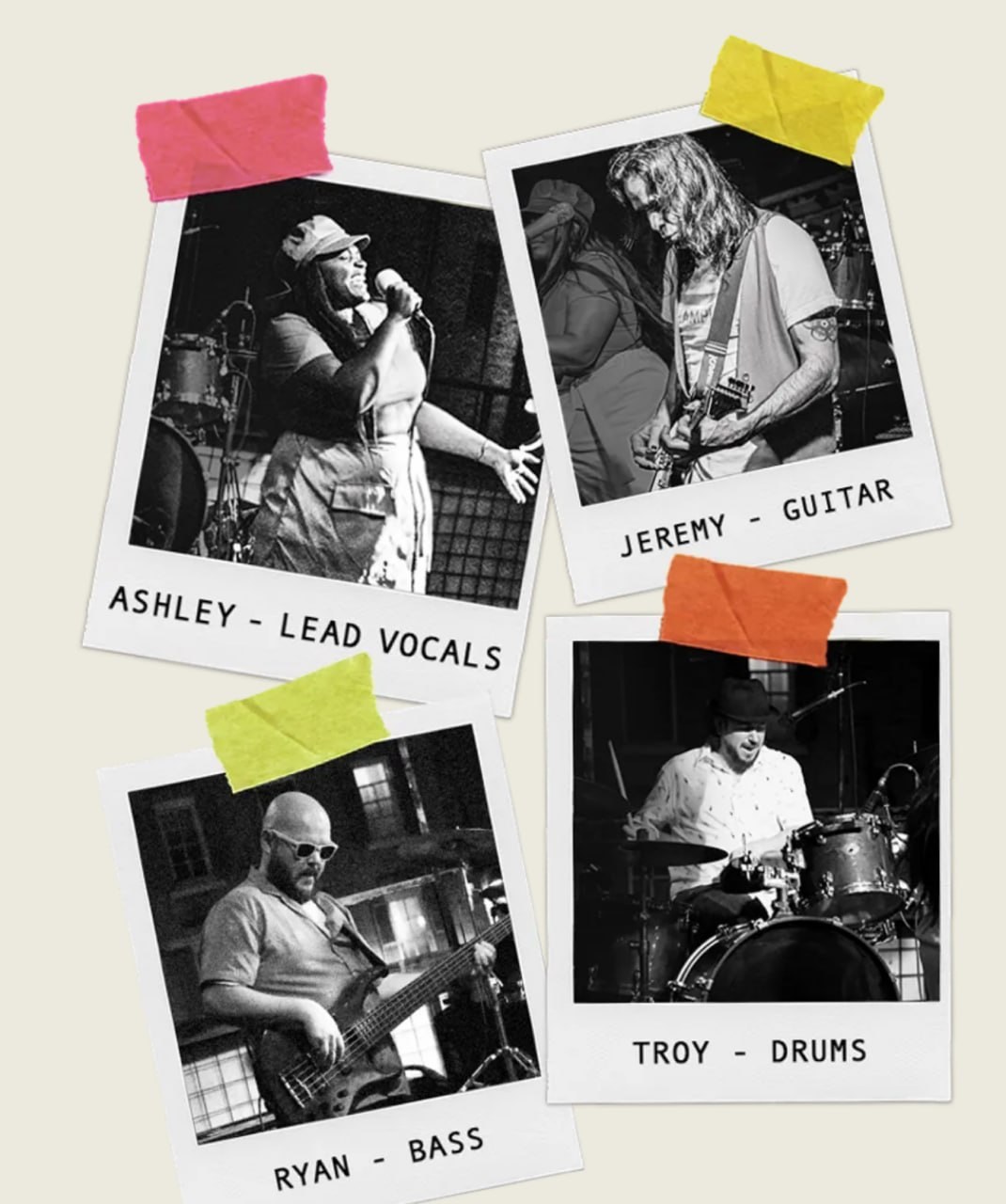 Polaroid-style photos of Hello Chaser band members Ashley, Jeremy, Ryan, and Troy